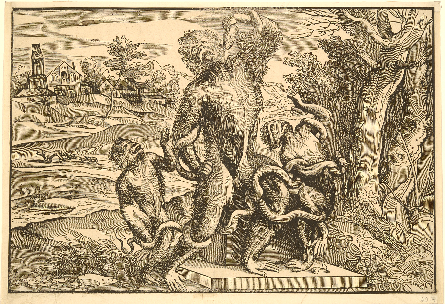 Caricature of the Laocoön represented as a Monkey in a Landscape