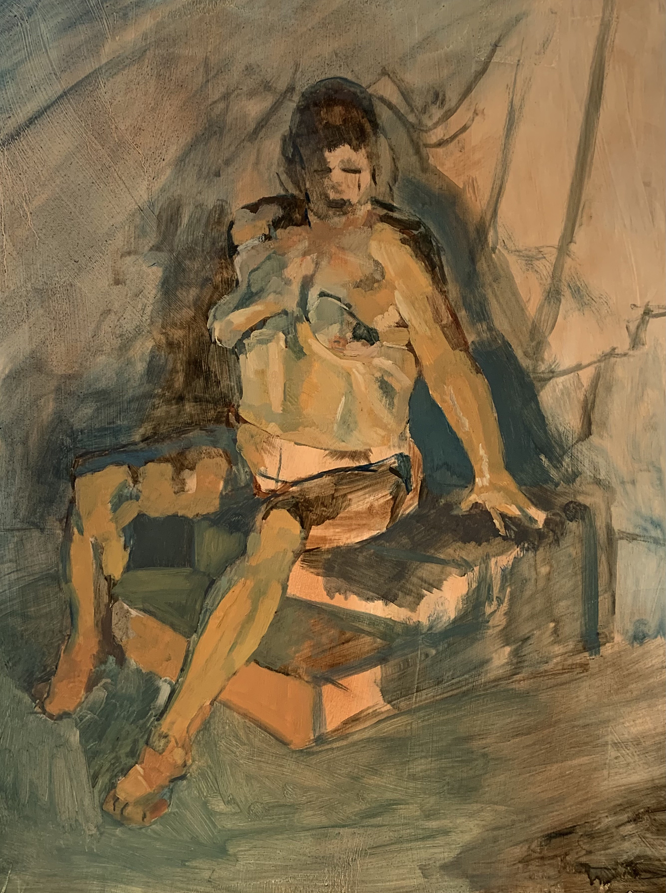 Abstracted depiction of a nude human figure seated on some stairs. They are rendered in shades of gold and the background is shades of blue and green.