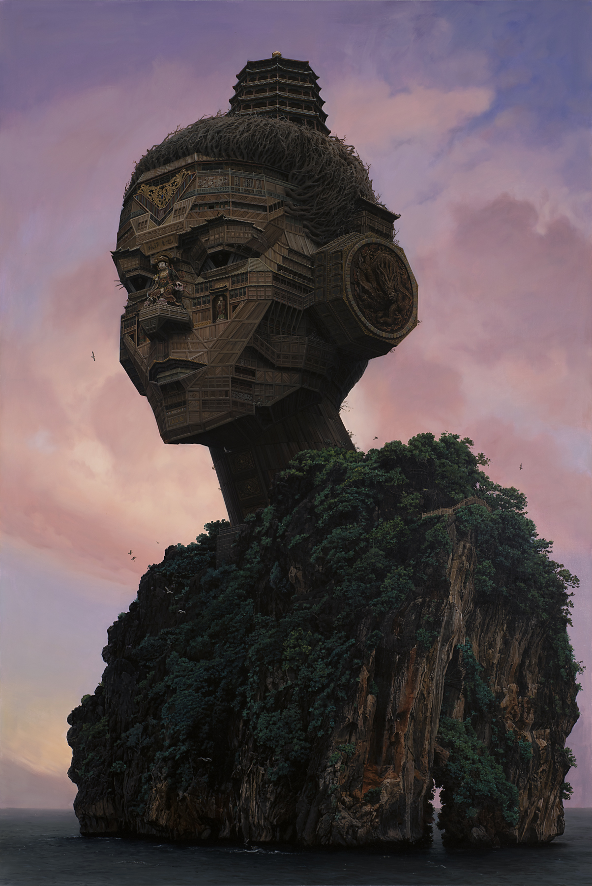 An intricate wooden temple shaped like a woman’s head is perched atop a rocky island nearly covered with green plants 