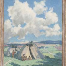 <a href="https://spencerartapps.ku.edu/collection-search#/object/12256" target="_blank"><i>Apache Indian Camp in Taos Valley</i> by Eanger Irving Couse </a>