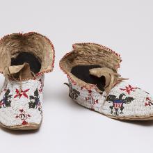 <a href="https://spencerartapps.ku.edu/collection-search#/object/39003" target="_blank"><i>pair of beaded moccasins</i> by Sioux peoples</a>