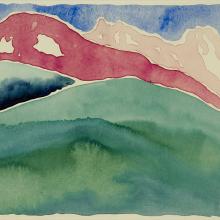 <a href="https://spencerartapps.ku.edu/collection-search#/object/12649" target="_blank"><i>Pink and Green Mountains, No. 1</i> by Georgia O'Keeffe</a>