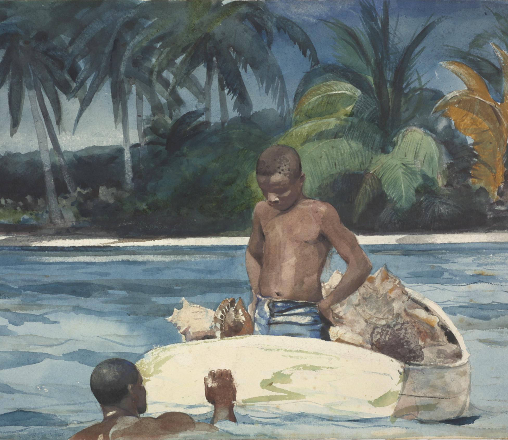 Watercolor scene of two Black males, one in the water and one in a boat with conch shells with palm trees along the shore behind them
