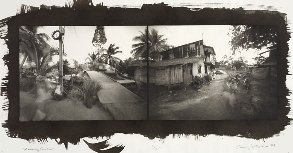 Diptych of Vietnam village. Left image: wooden bridge, bicycle, shacks, and palm trees. Right image: shacks along narrow dirt road with man working in foreground.