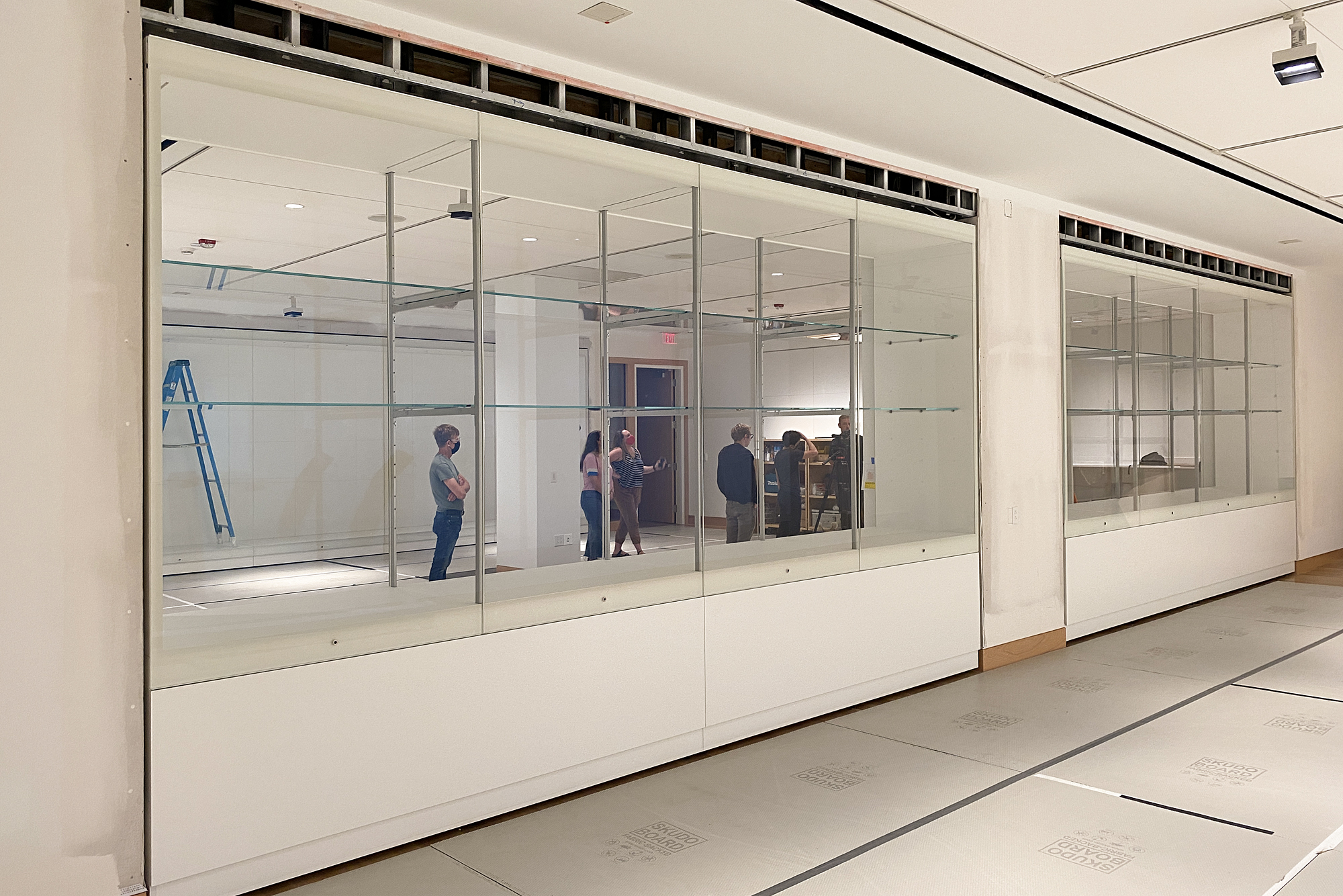 A wall of glass cases separates two bright white rooms with people gathered on the other side of the cases