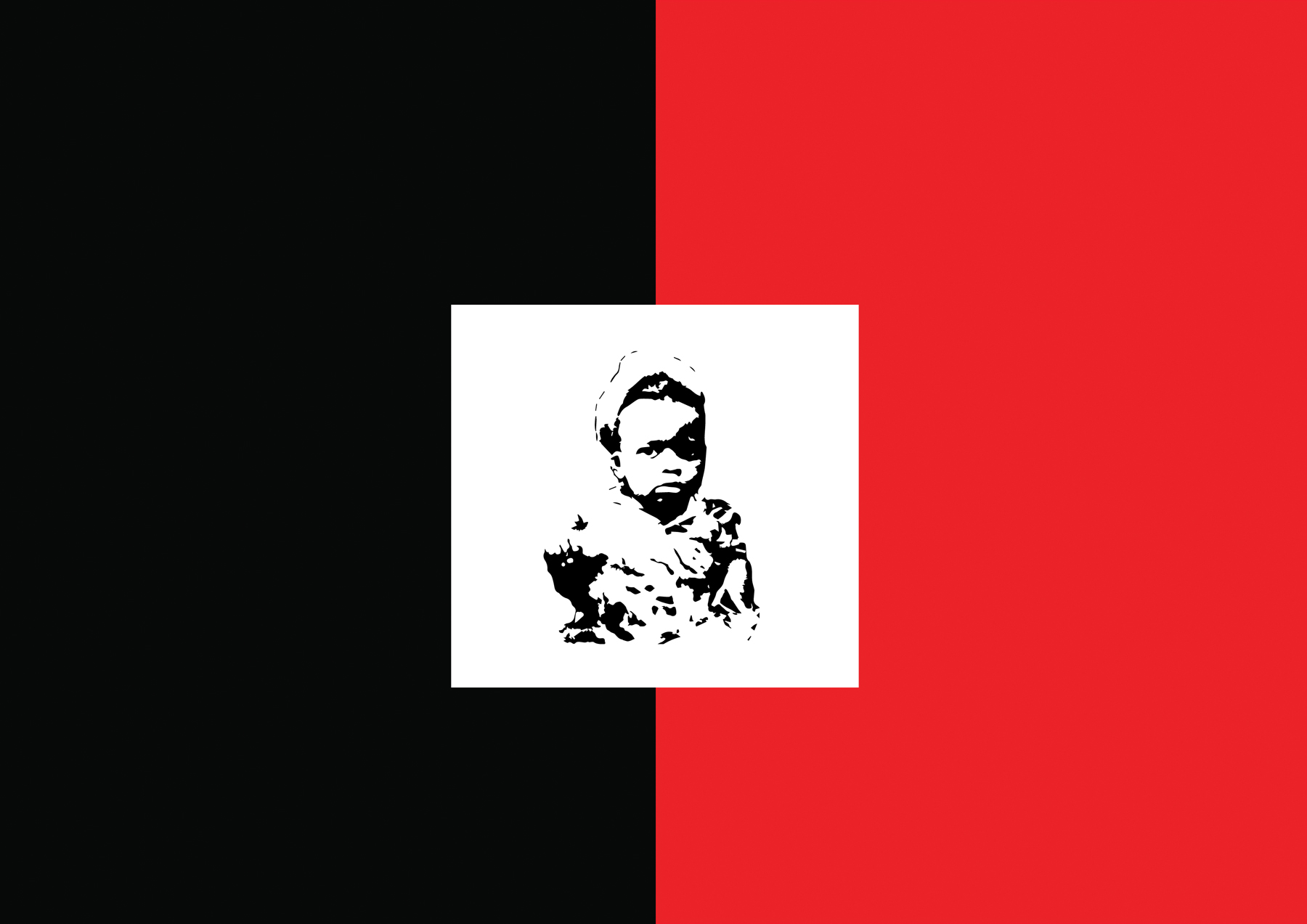 Rectangular, flag-like design that is black on the left and red on the right with a black and white image of a young boy in the center