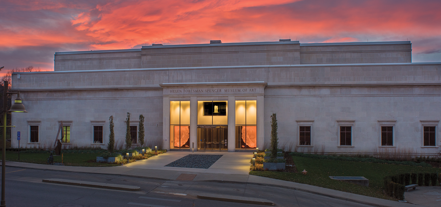 Exterior of the Spencer Museum at Sunset