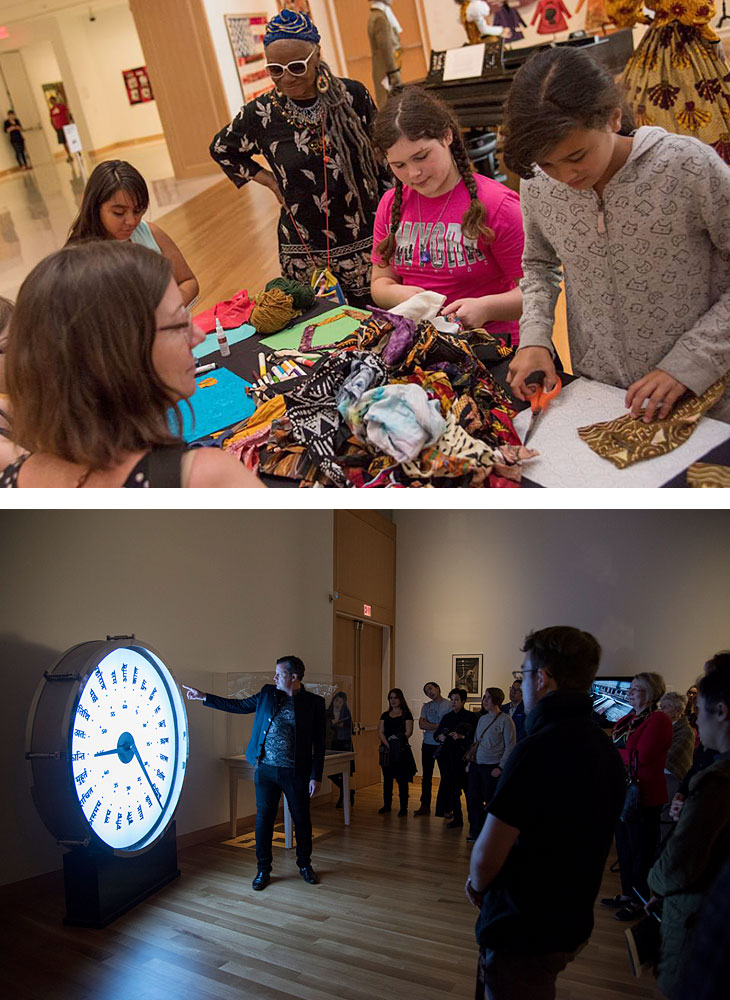 Top: Children working with textiles. Below: Curator discussing object