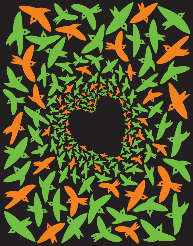 A design with a black background shows bright green and orange abstracted birds flying in different directions and forming a heart space in the center with negative space