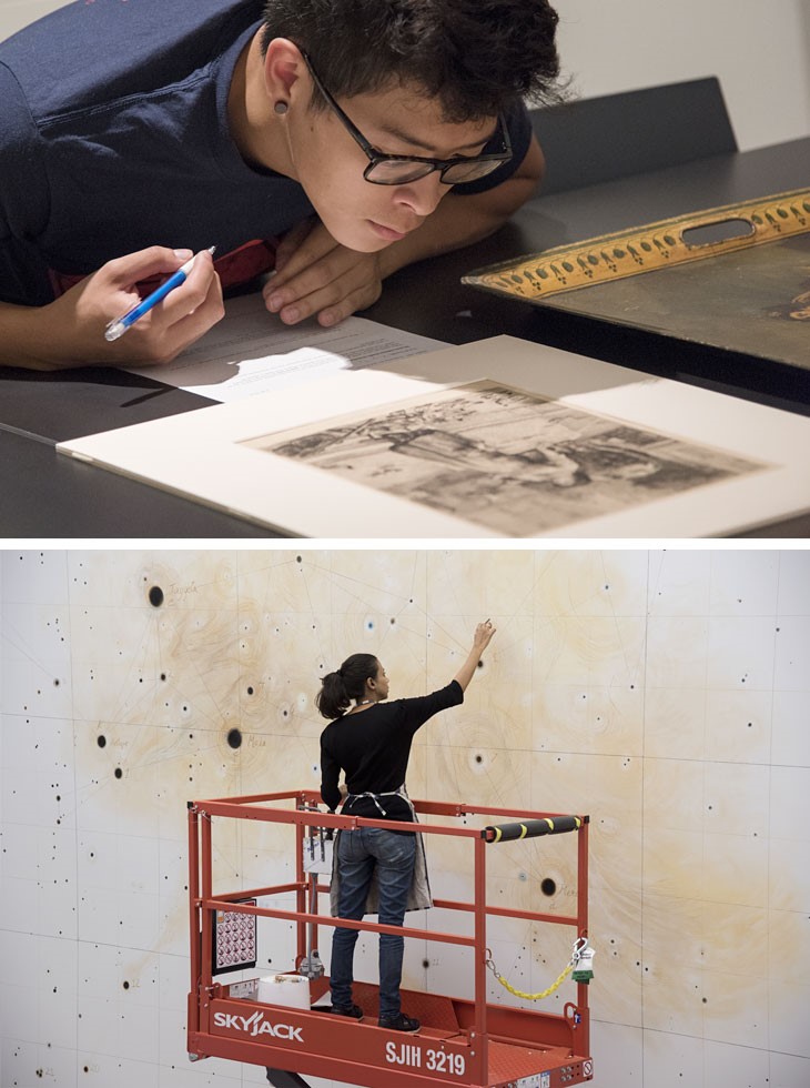 Top: Student studying print in the Print Room. Below: Artist on cherry picker working on wall
