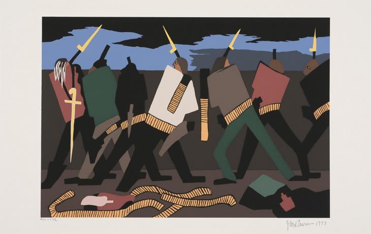 a small group of human figures created with solid shapes of muted red, green, black, brown, and white, brandish swords behind a wall under a blue and black sky