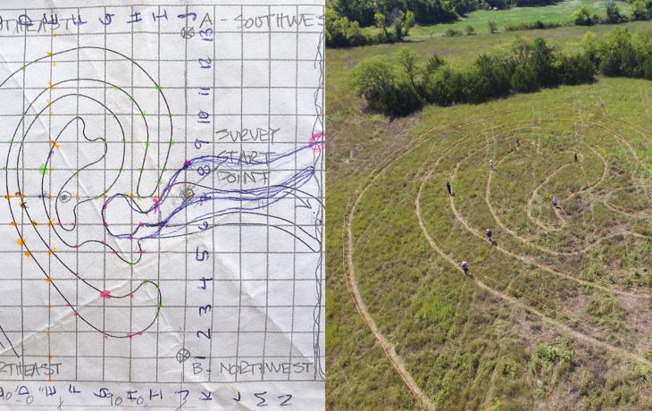 On the left a diagram of a labyrinth in the shape of an ear; on the right an overhead view of a green field with the path of the ear labyrinth visible