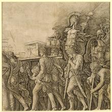 <a href="https://spencerartapps.ku.edu/collection-search#/object/10819" target="_blank"><i>The Triumph of Caesar: Soldiers Carrying Trophies</i> by Andrea Mantegna</a>