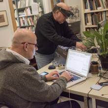 Artist Mathias Kessler and collaborating engineer George work on developing <i>After Nature (coding and re-coding nature)</i>