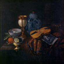 <a href='https://spencerartapps.ku.edu/collection-search#/object/820' target='_blank'><i>Still Life with Violin and Engraving of Arcangelo Corelli</i>, Dutch School</a>