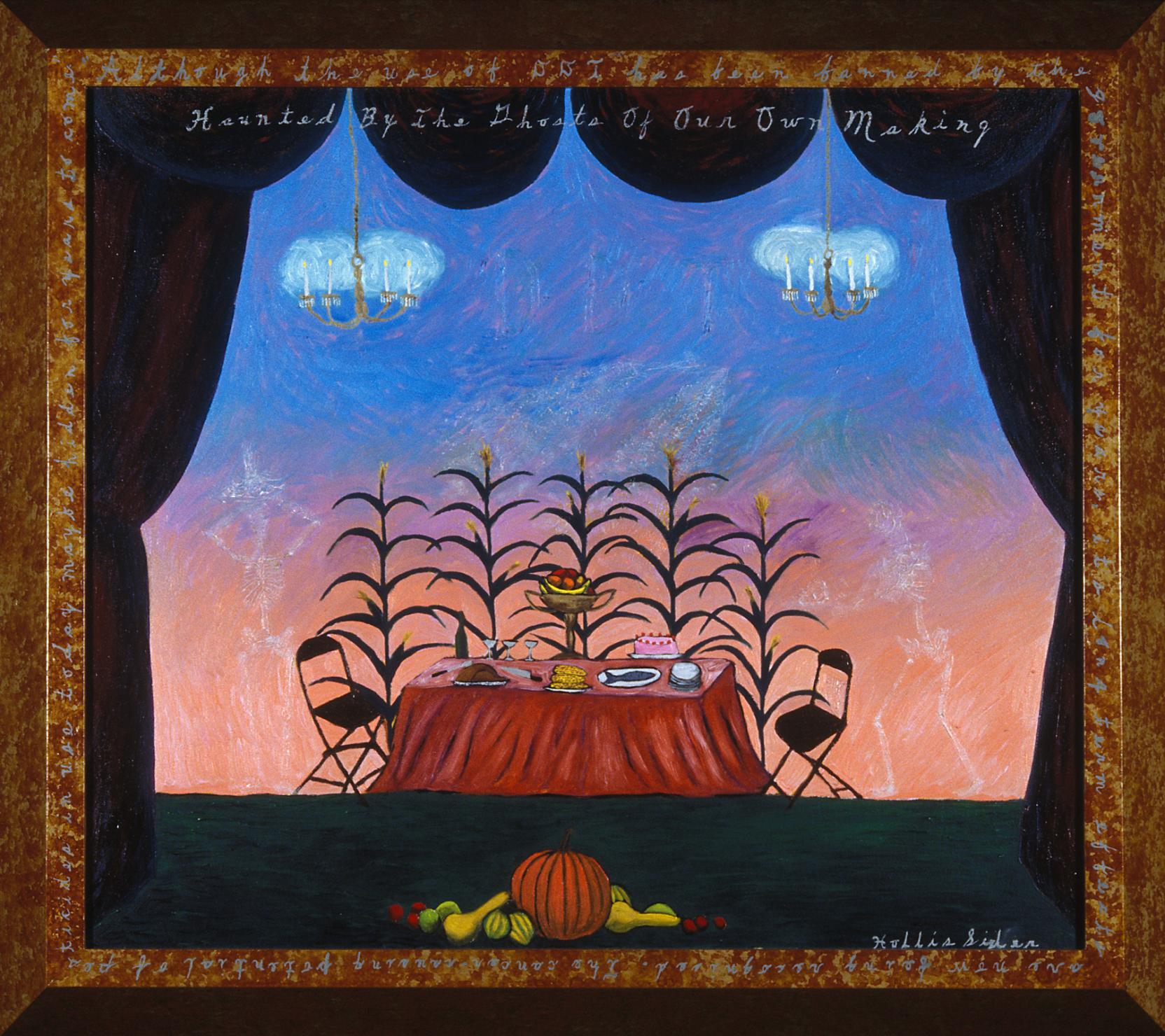 A table set for a feast sits on a stage with faint skeletal figures standing at either end; in the background cornstalks bloom and the barely visible letters “DDT” float in the air